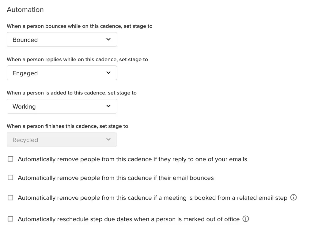 Screenshot of an automation settings panel of Salesloft