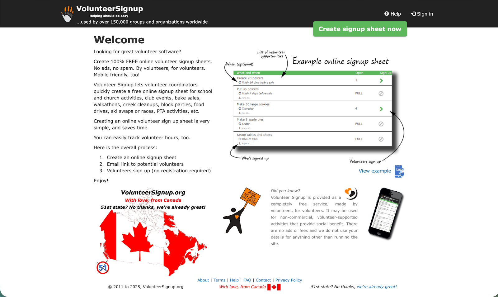 Screenshot of VolunteerSignup landing page