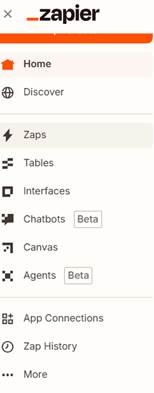 screenshot of zapier navigation menu showing how to create a new zap