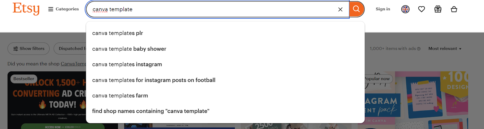 Screenshot of the Etsy search bar with the canva template query