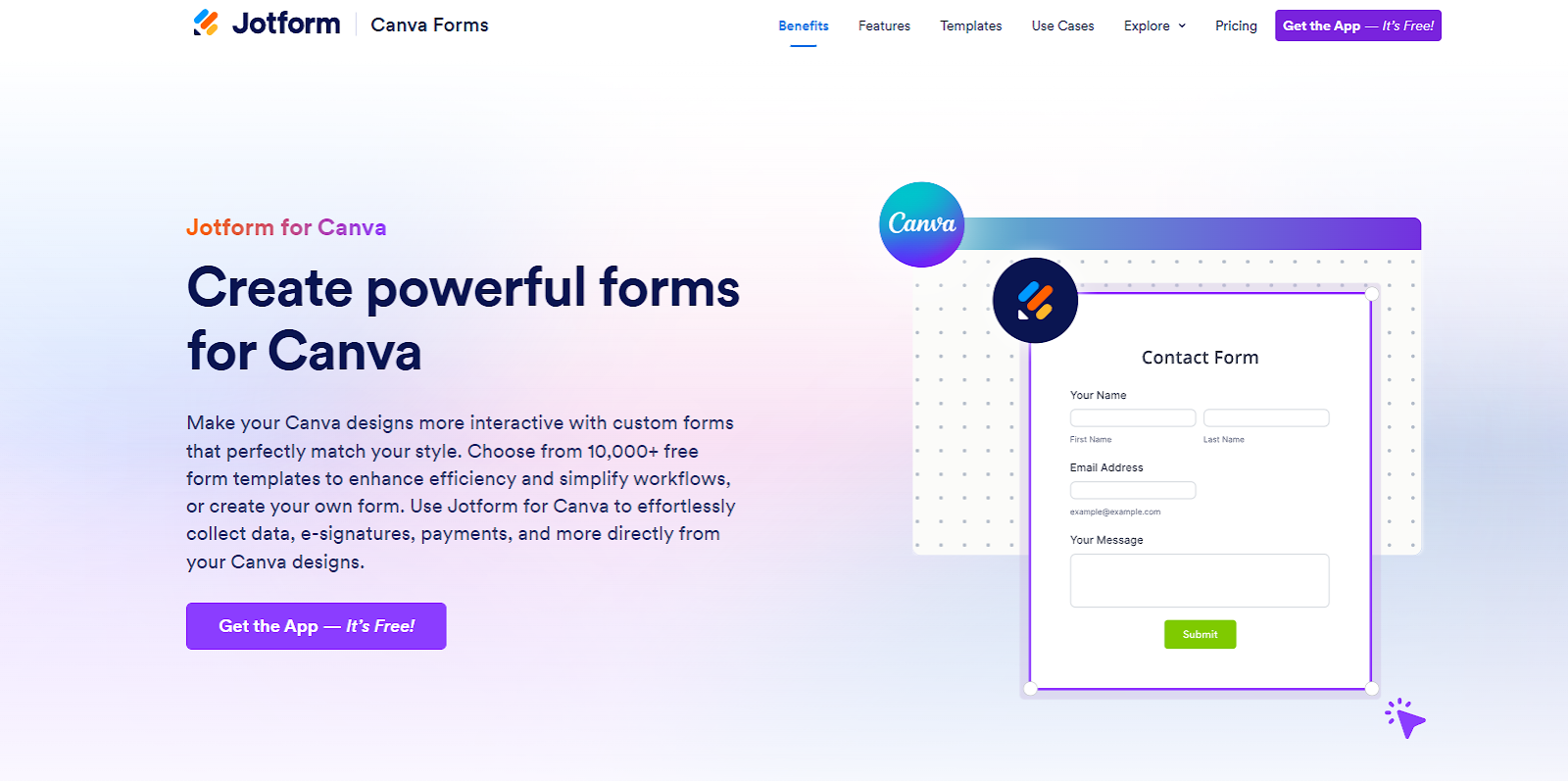 Screenshot of Jotform Canva Forms landing page
