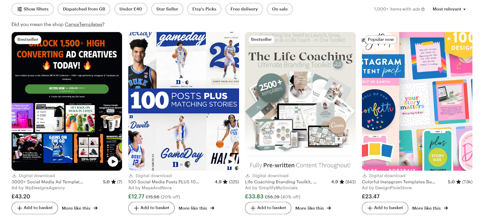 A screenshot of Etsy product search page