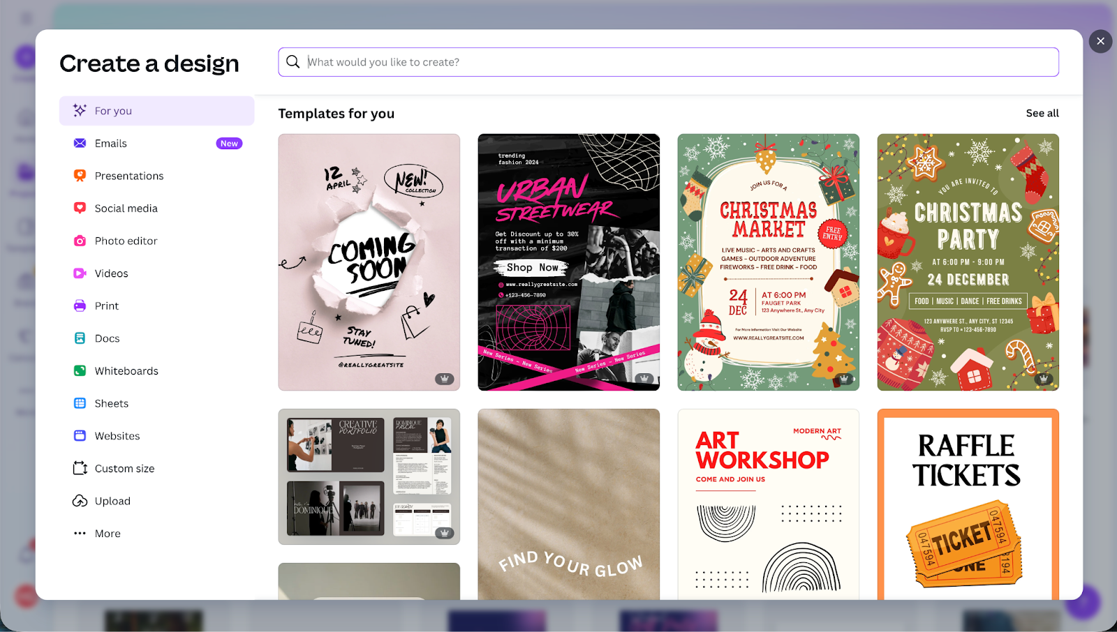 A screenshot of Canva’s create a design interface displaying a grid of template suggestions