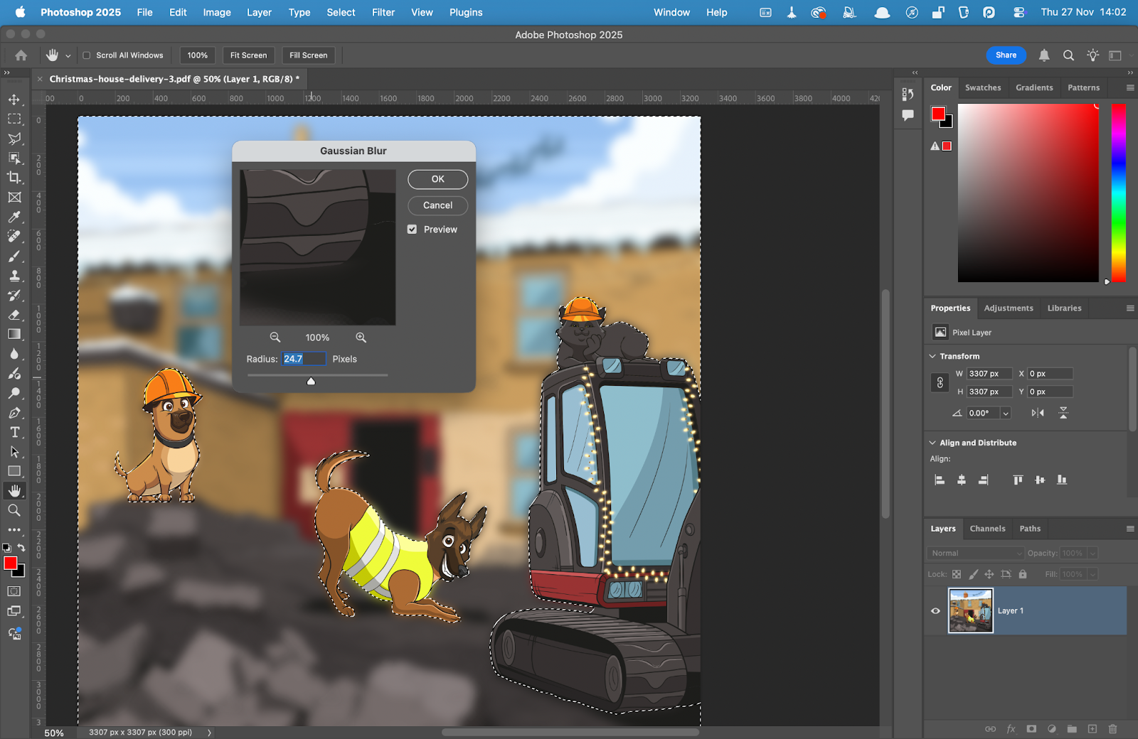 A screenshot of Adobe Photoshop 2025 showing an illustration of a construction-themed scene