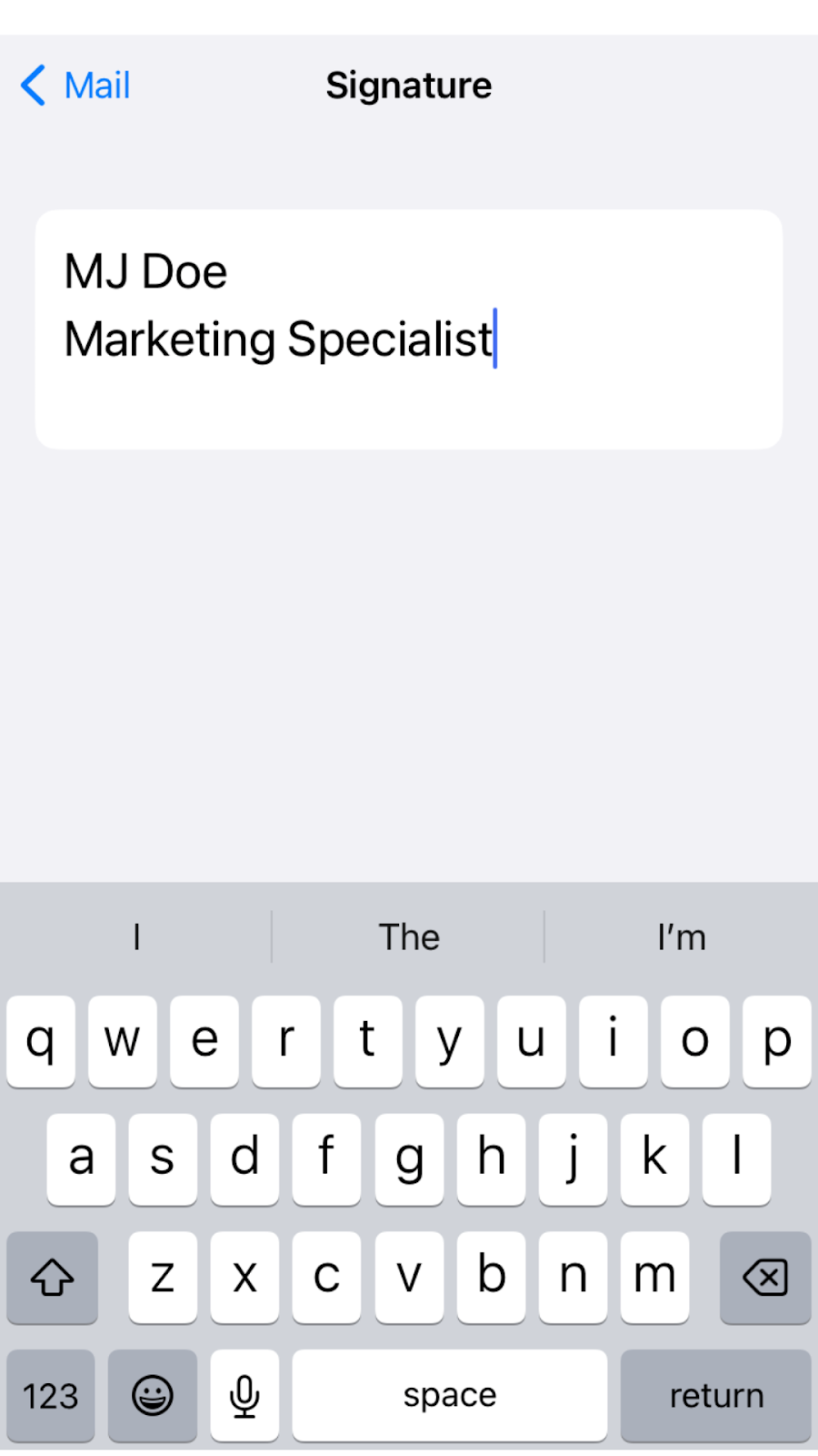 iPhone interface showing the text field where you can edit your email signature