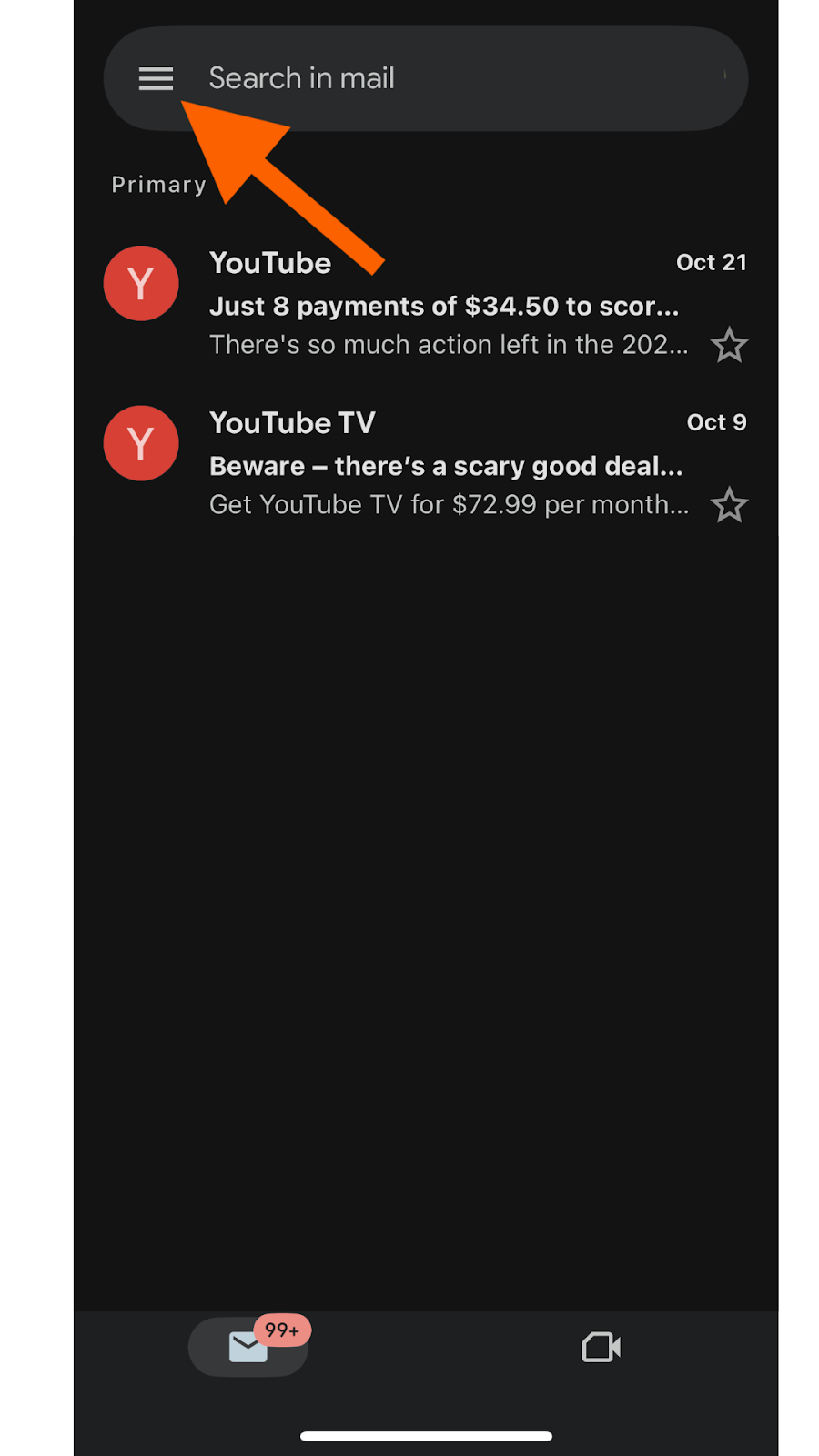 Gmail app interface with an arrow pointing to the three horizontal lines symbol indicating the menu