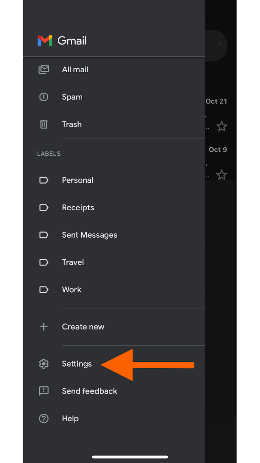 Gmail app menu with an arrow pointing to the Settings option