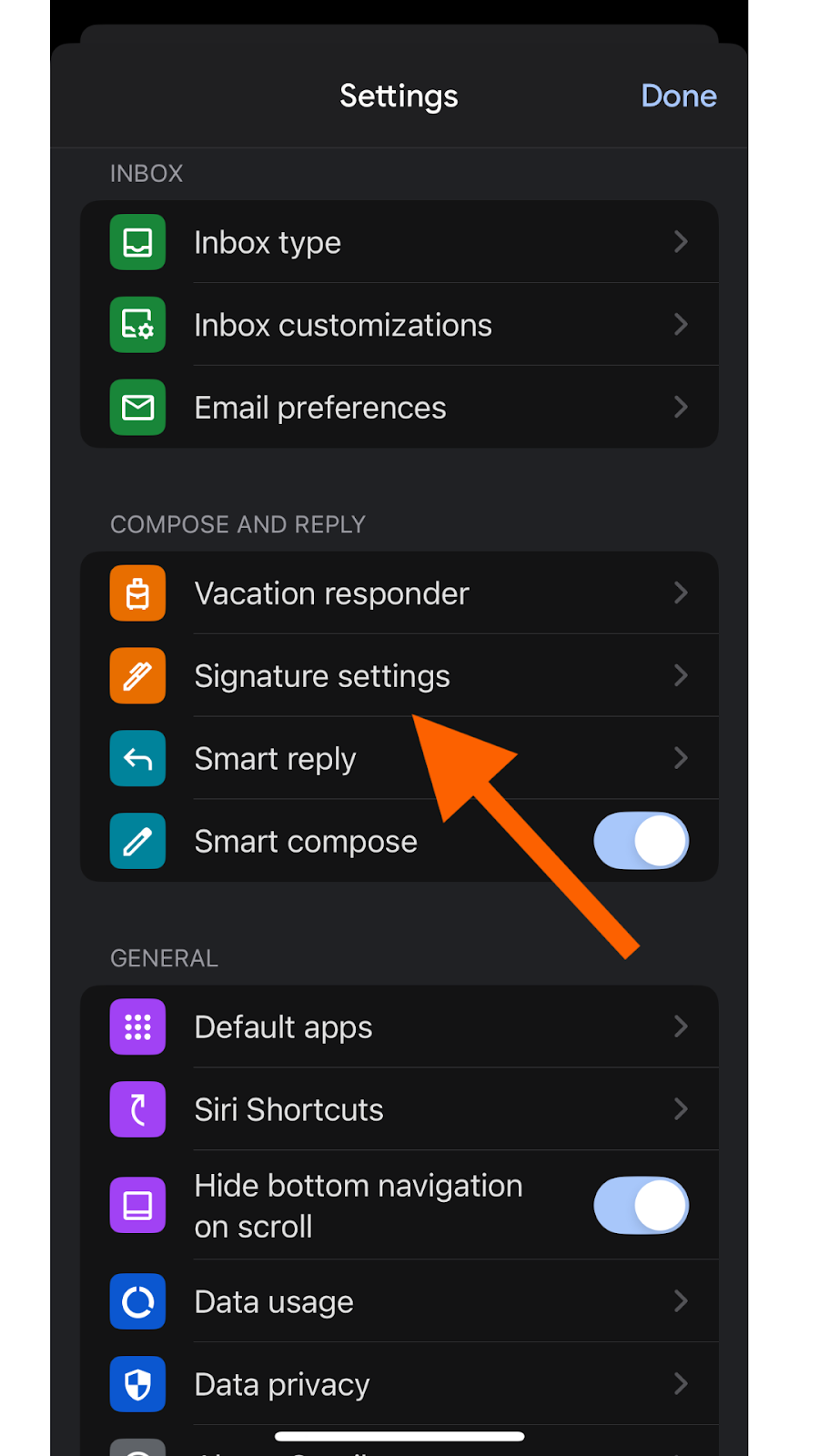 Gmail app settings with an arrow pointing to the Signature settings