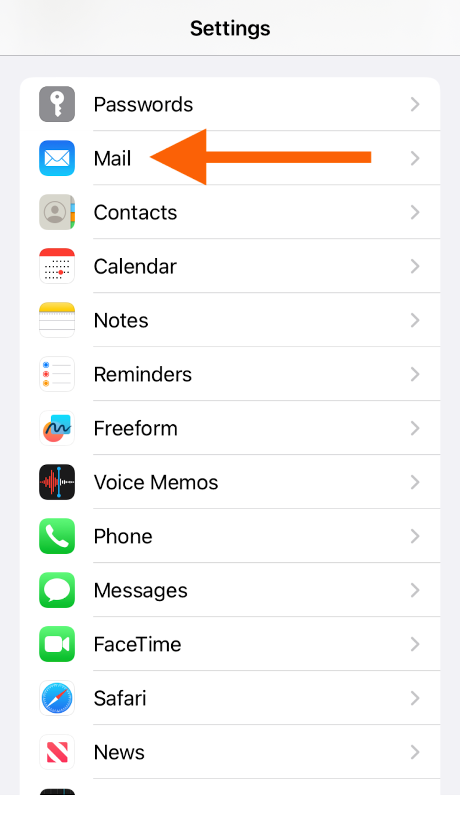 iPhone interface showing the Settings screen and pointing to the Mail option