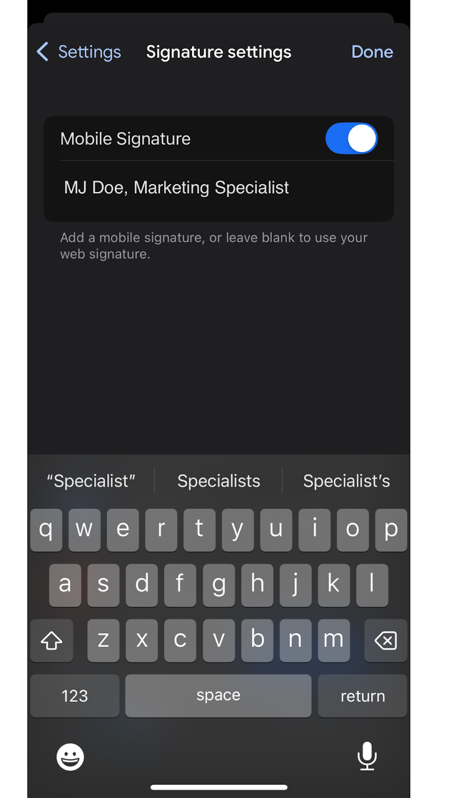 Gmail app Signature settings with the signature text field filled in