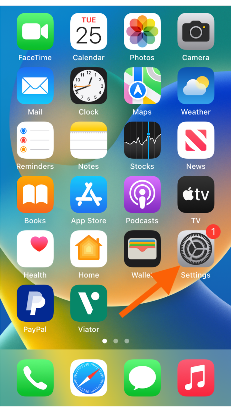 iPhone interface with an arrow pointing to the cog icon of the Settings app
