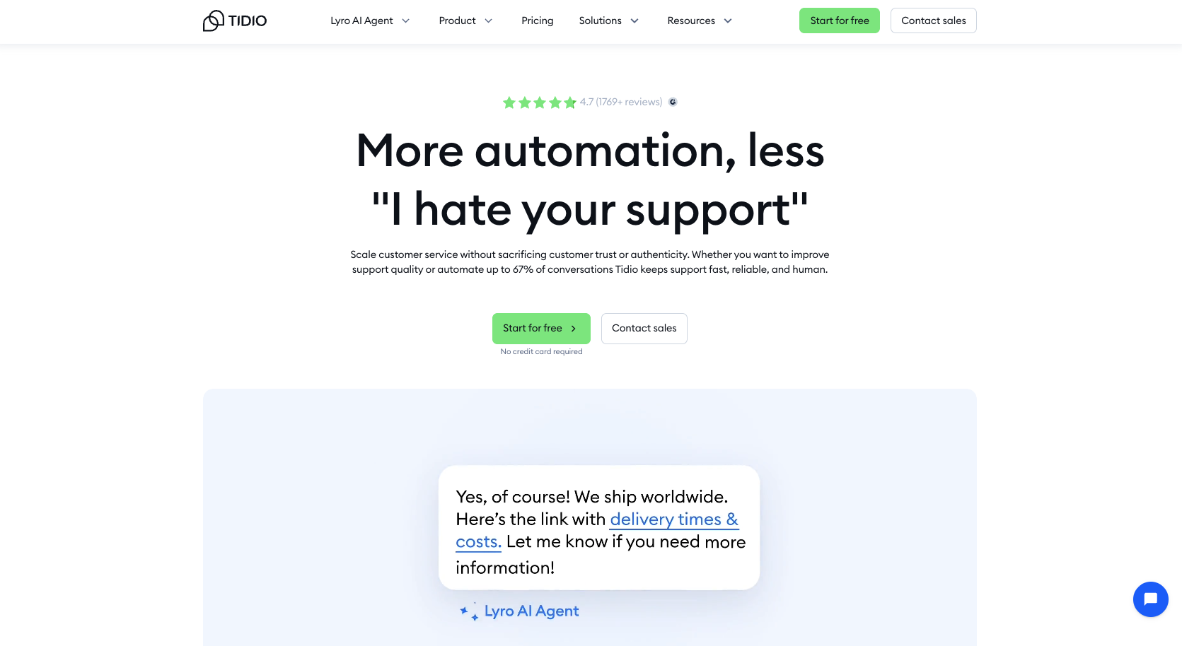 Screenshot of Tidio landing page