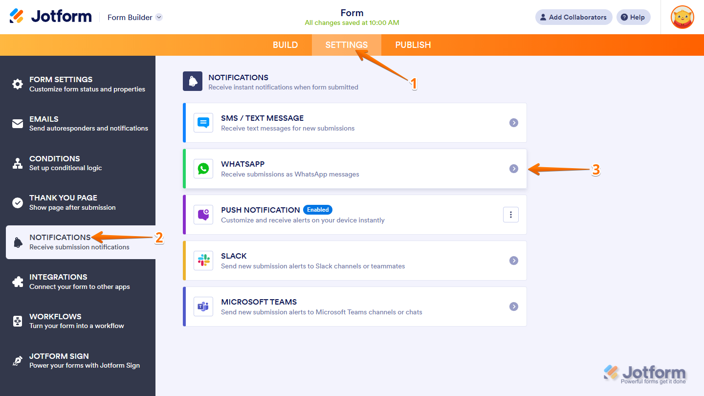WhatsApp option in the Notifications tab of the Form Builder