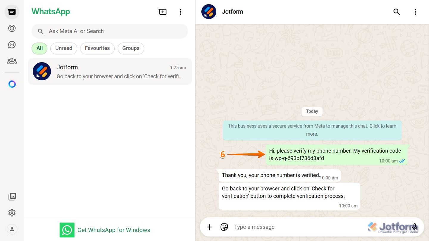 WhatsApp verification message request for Jotform