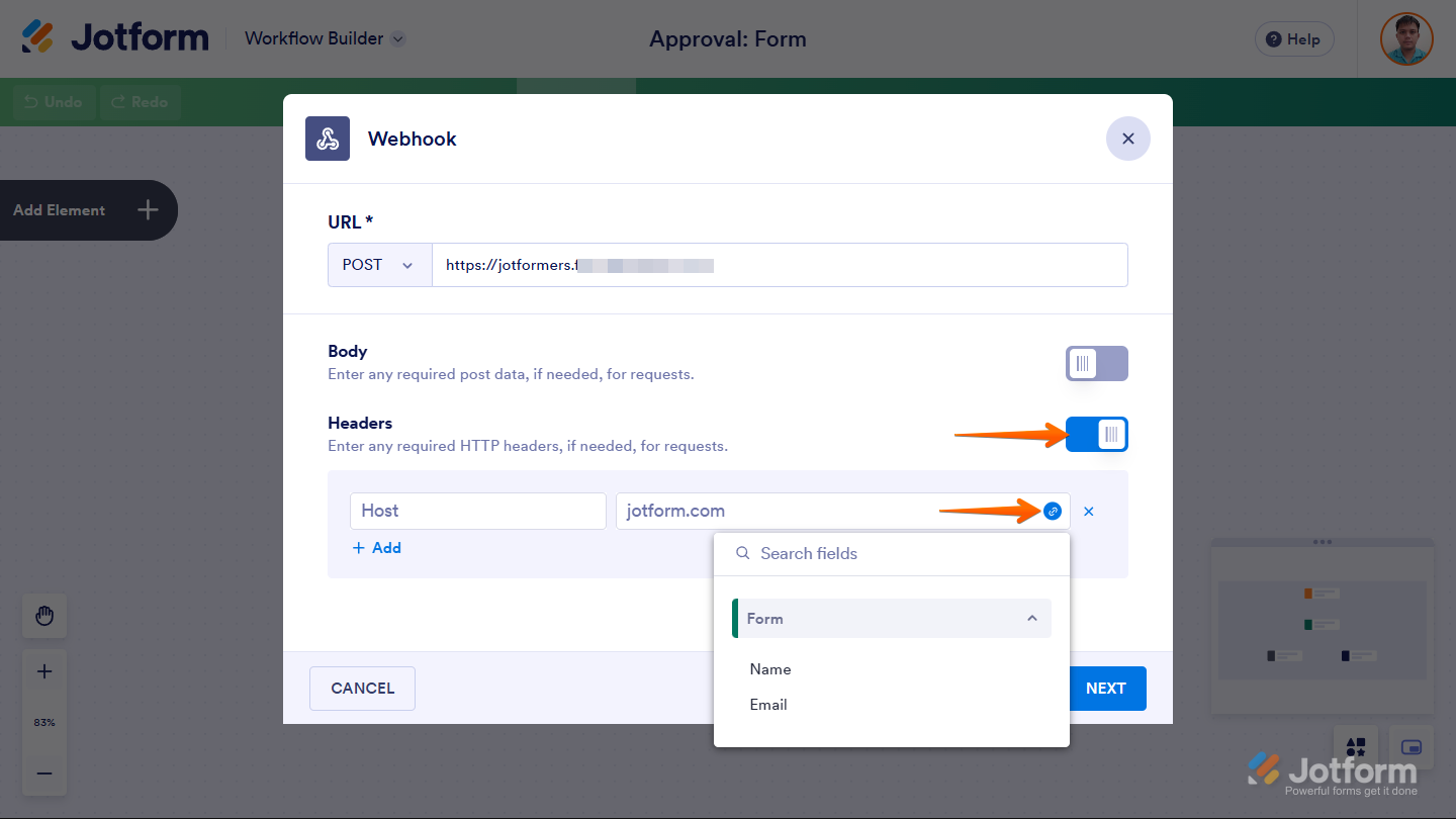 HTTP Headers configuration in the Webhook element settings