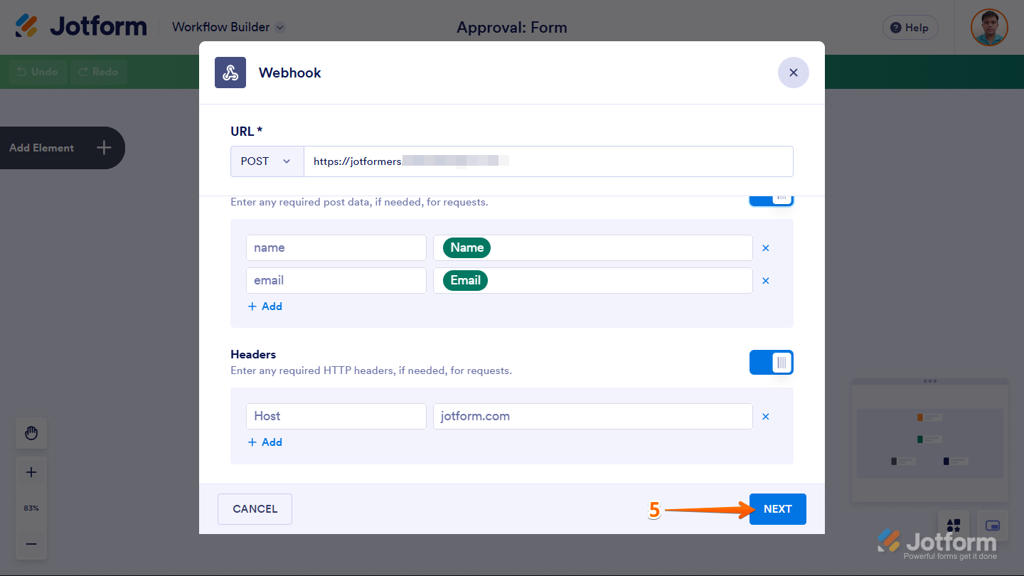 Next button in the Webhook configuration window