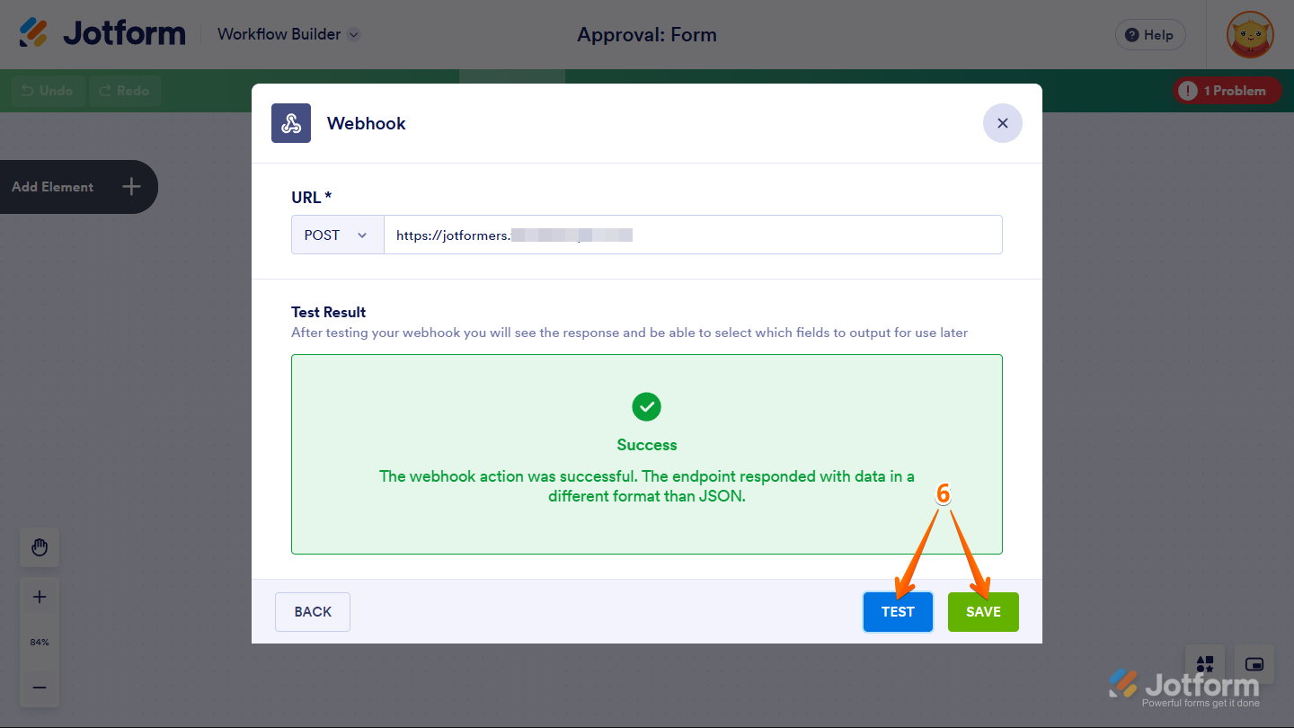 Test and Save buttons in the Webhook configuration window