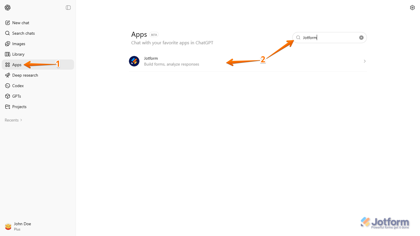 Jotform App in the Apps section in ChatGPT