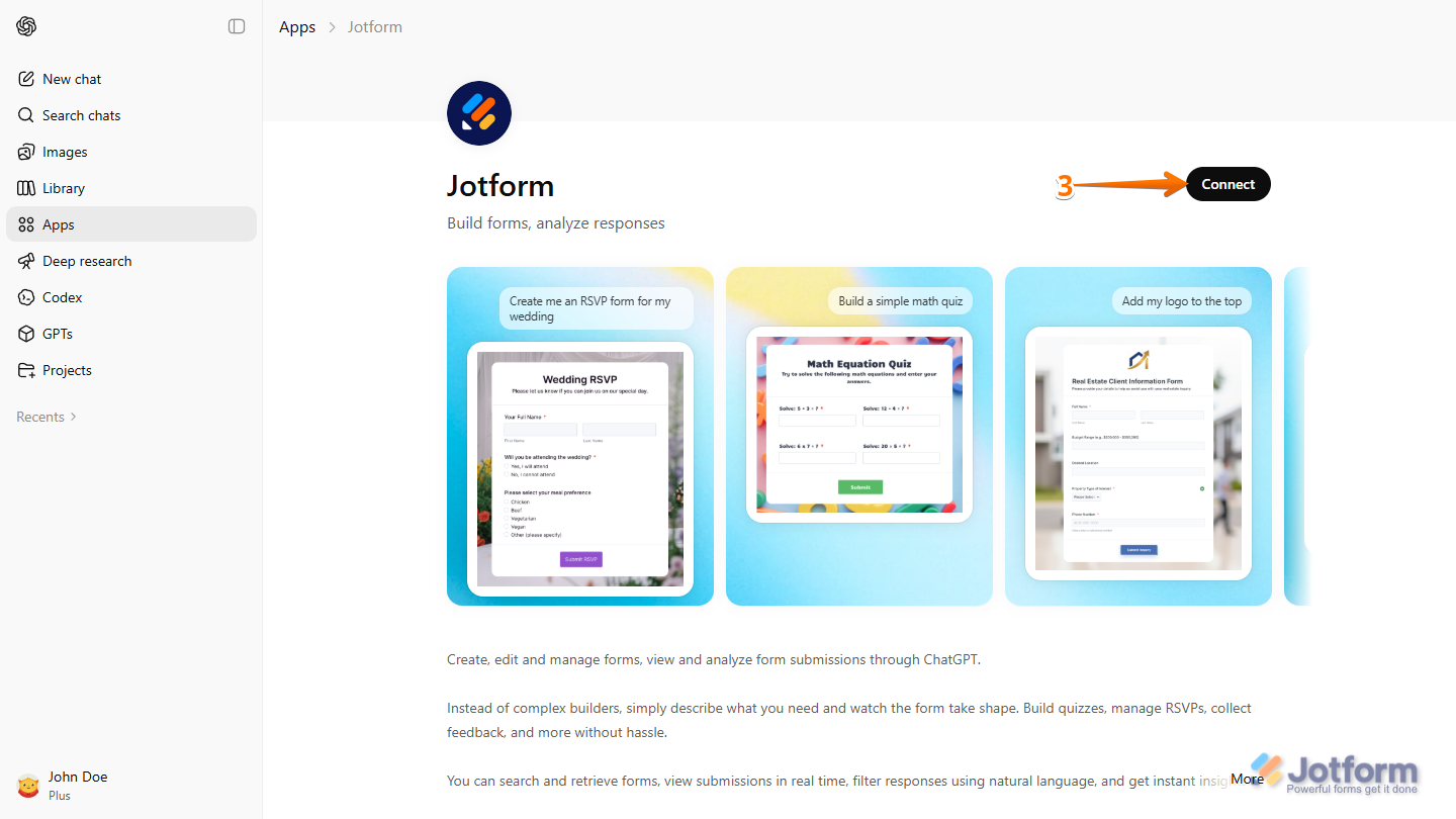 Connect button in the Jotform App in the Apps section in ChatGPT