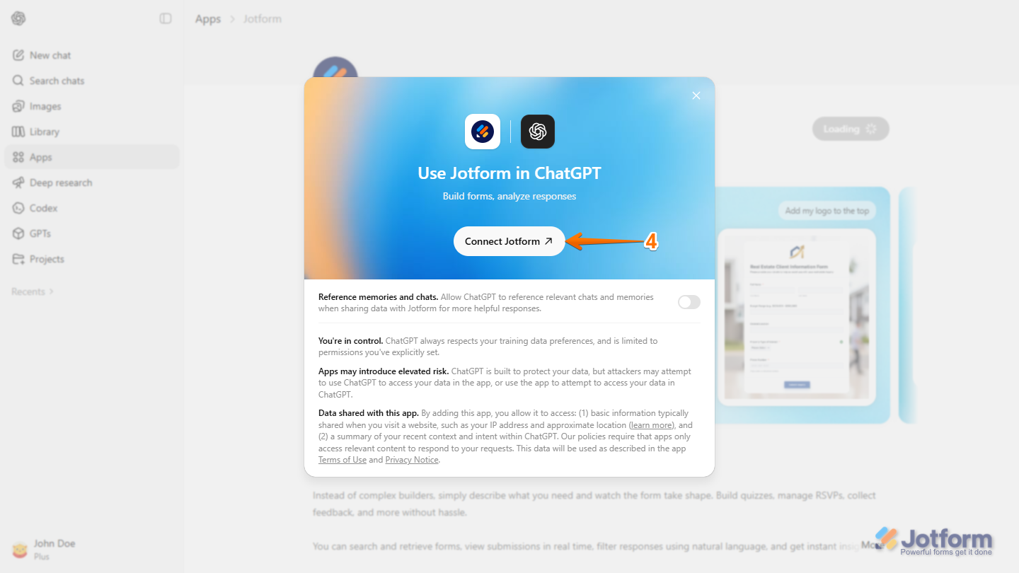 Connect Jotform button in the Use Jotform in ChatGPT window in the Apps section in ChatGPT