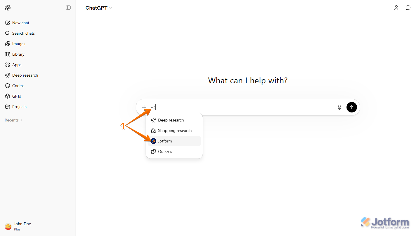 Jotform App option in the Apps menu of the ChatGPT prompt box