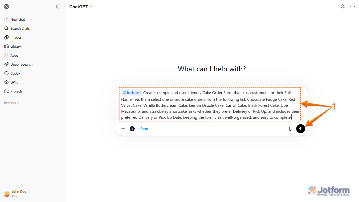 Create Form prompt for Jotform App in the ChatGPT prompt box
