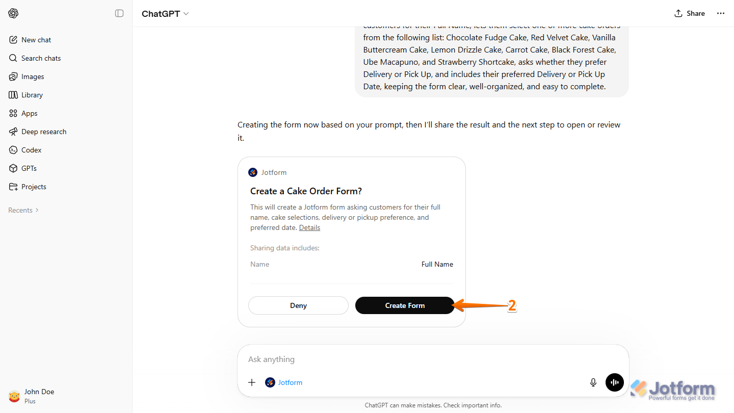 Create Form button in the confirmation message for Jotform App in the ChatGPT chat