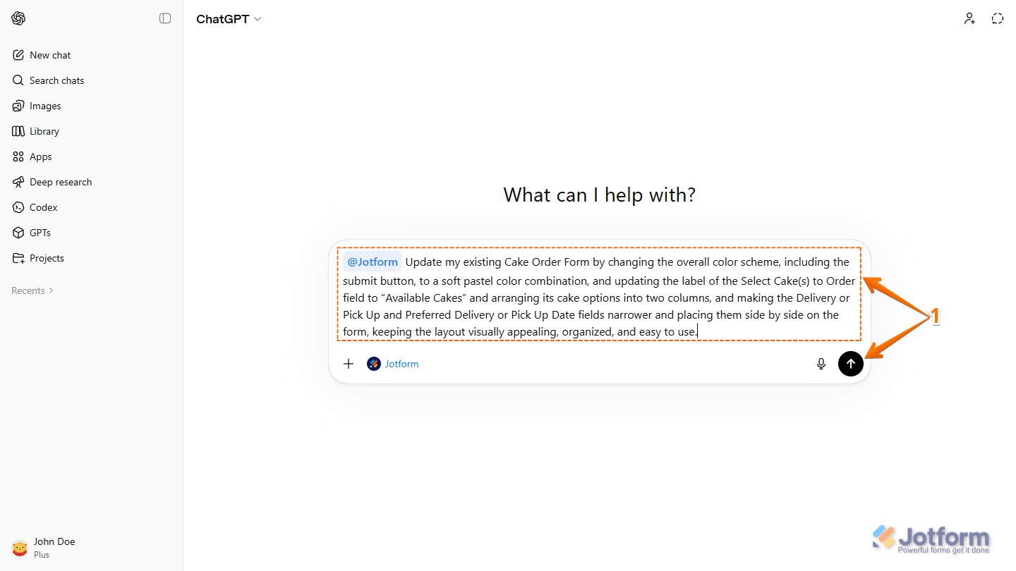 Customize Form prompt for Jotform App in the ChatGPT prompt box