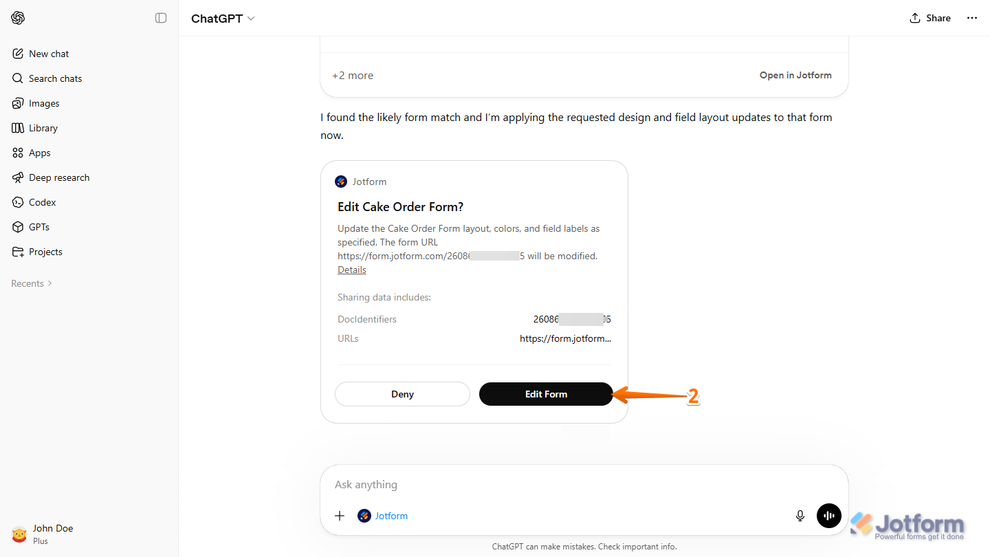 Edit Form button in the confirmation message for Jotform App in the ChatGPT chat