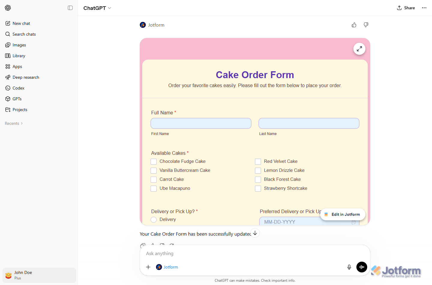 Updated Jotform form preview in the ChatGPT chat