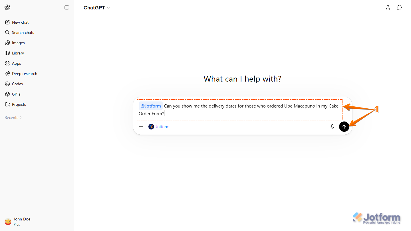 View submissions prompt for Jotform App in the ChatGPT prompt box