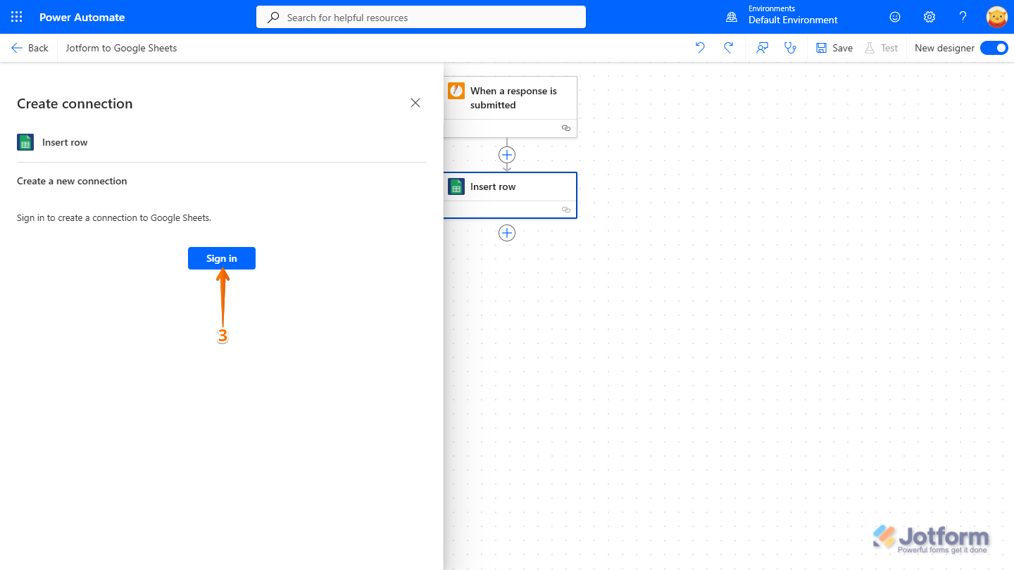 Sign in button in the Action section of Microsoft Power Automate