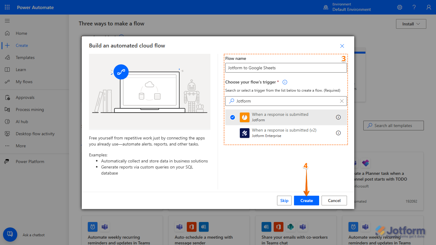 Flow settings of the Create New Flow in Microsoft Power Automate