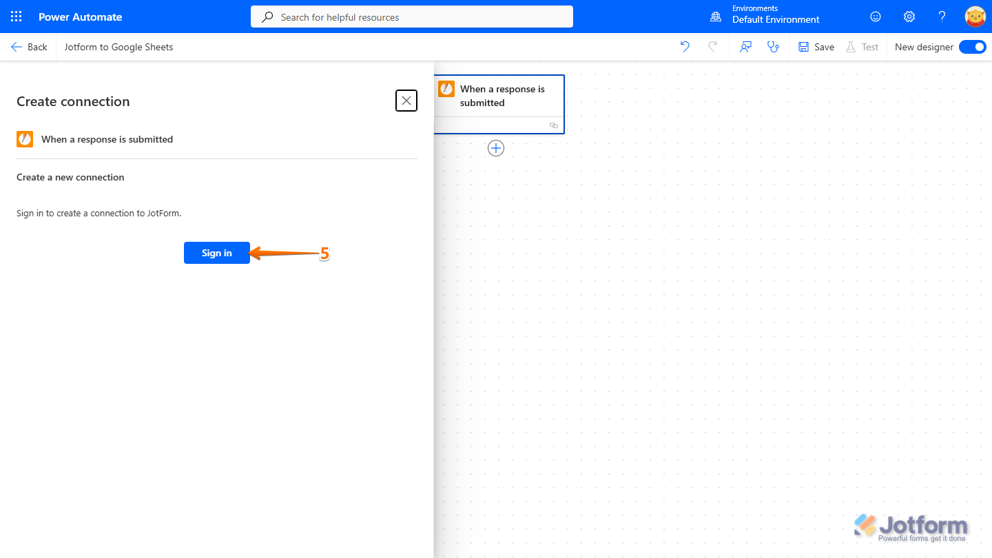 Sign in to Jotform for Create Connection flow in Microsoft Power Automate