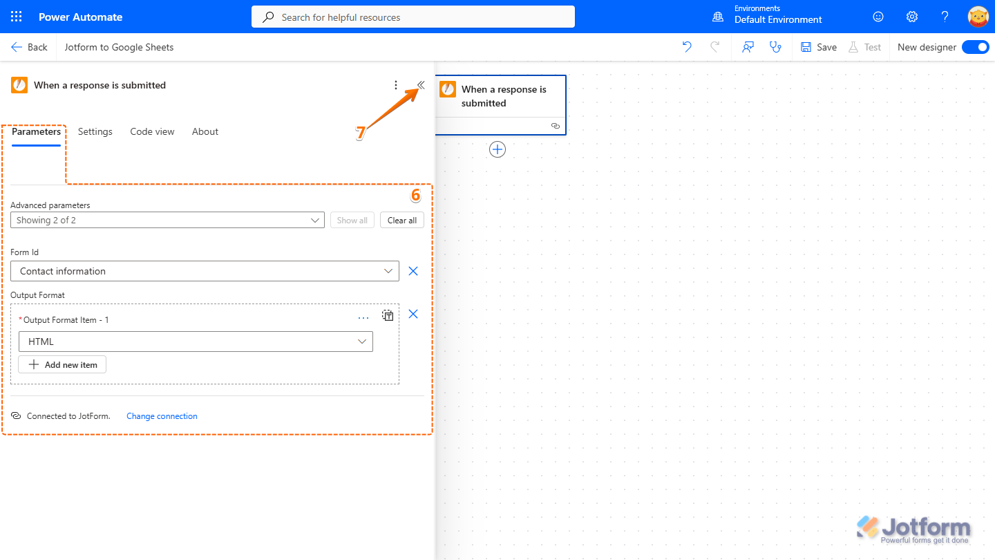 Parameter settings in the Jotform connector in Microsoft Power Automate