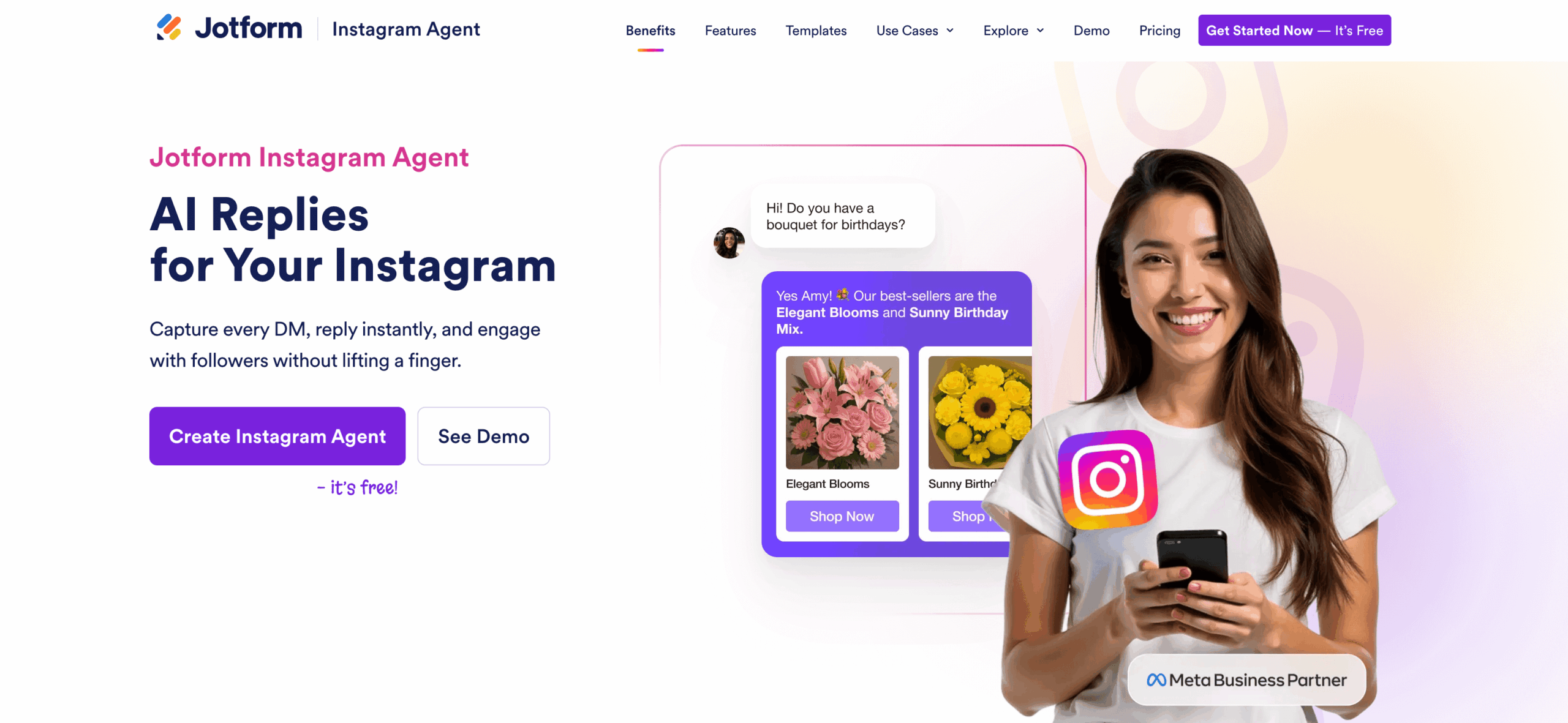 Screenshot of Jotform Instagram Agent's landing page, showing a headline "AI Replies for Your Instagram"