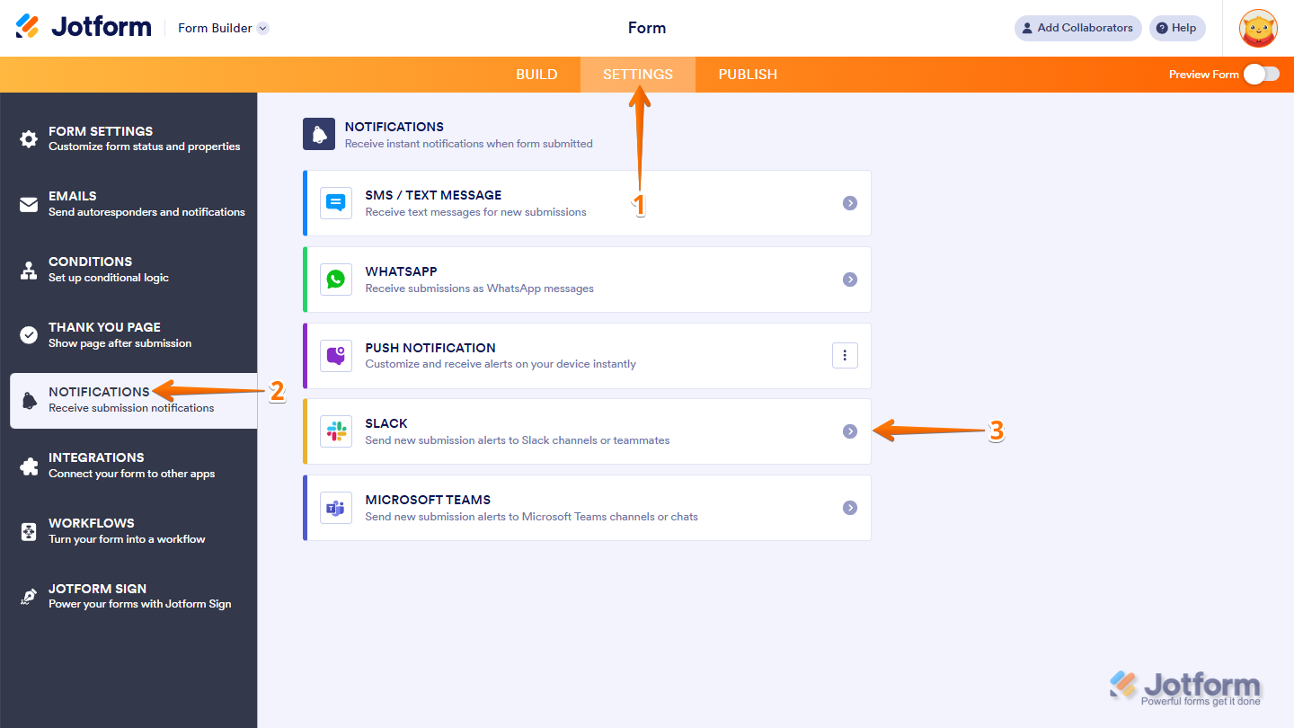 Selecting Slack as a notification channel in the Form Builder Notifications settings in Jotform.
