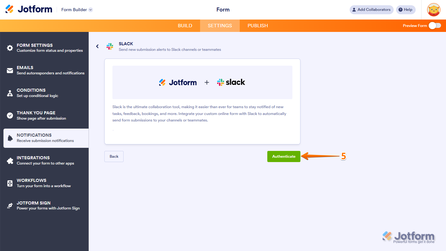 Authenticate and log in to your Slack account from Jotform Notifications setup