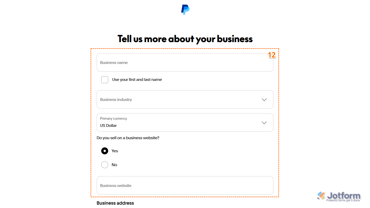 Business Details in PayPal's signup flow