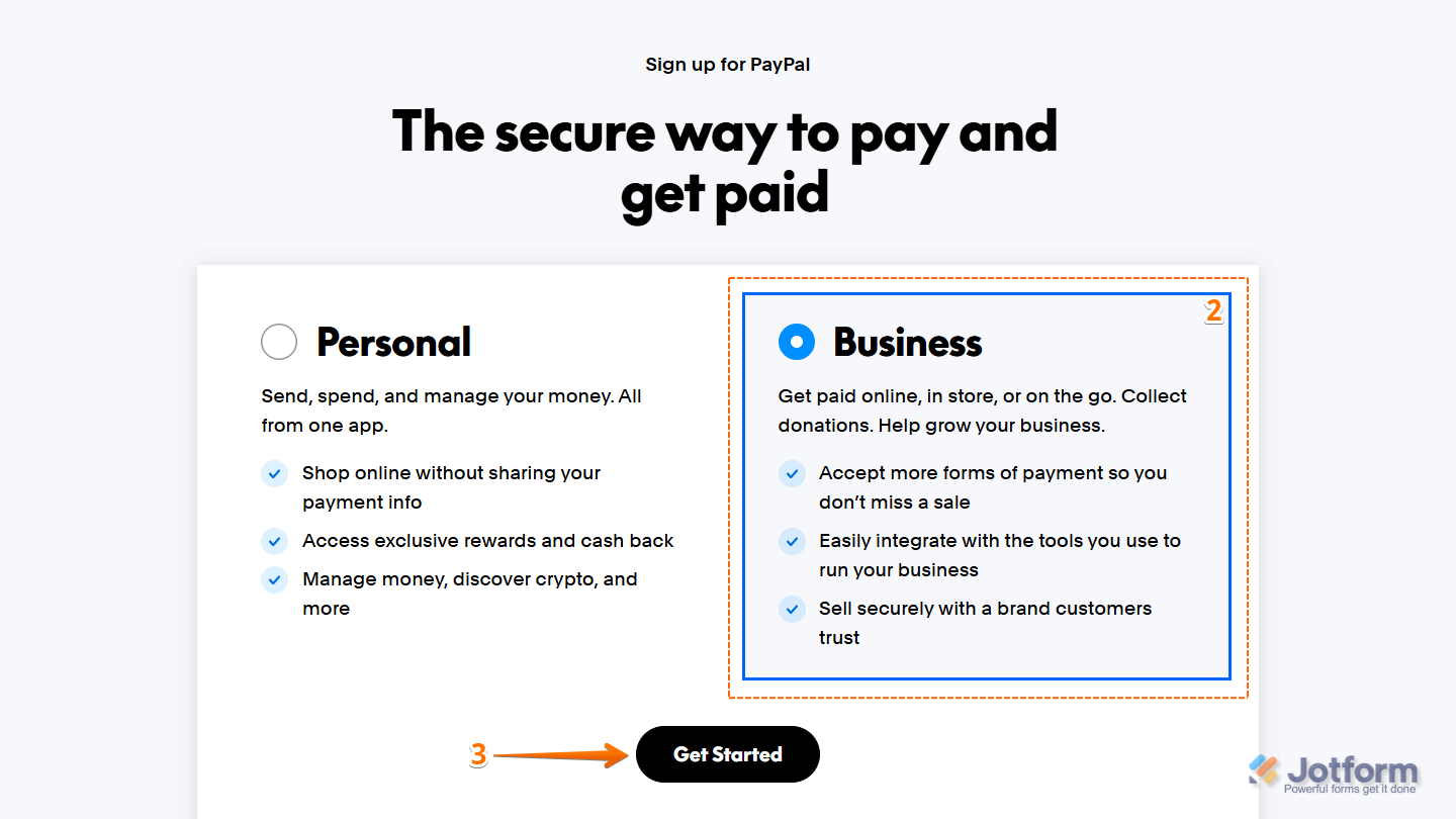 Account type selector in PayPal signup page
