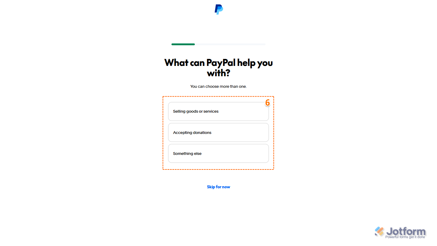 What Can PayPal Help You With page in PayPal's signup flow