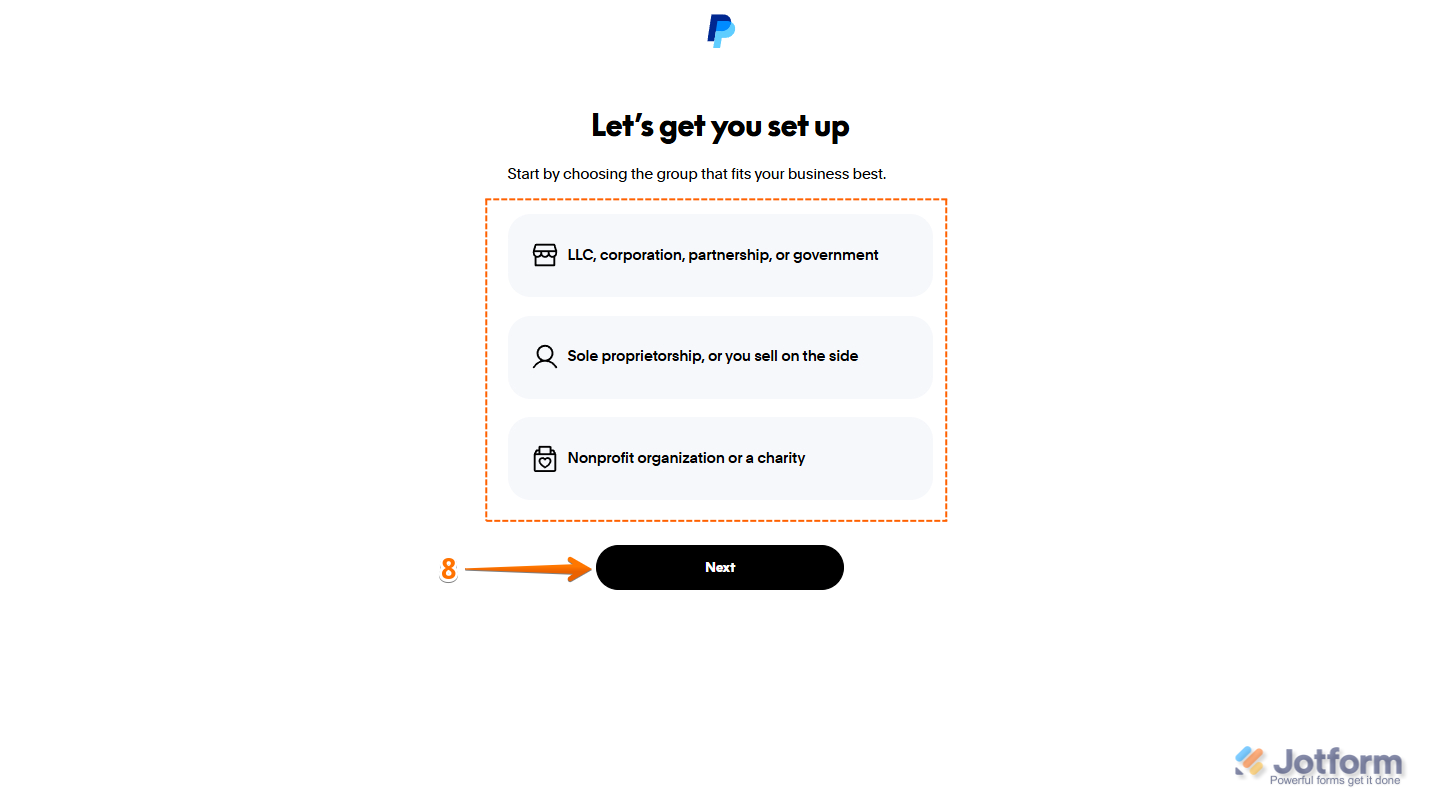 Select Group in PayPal's signup flow