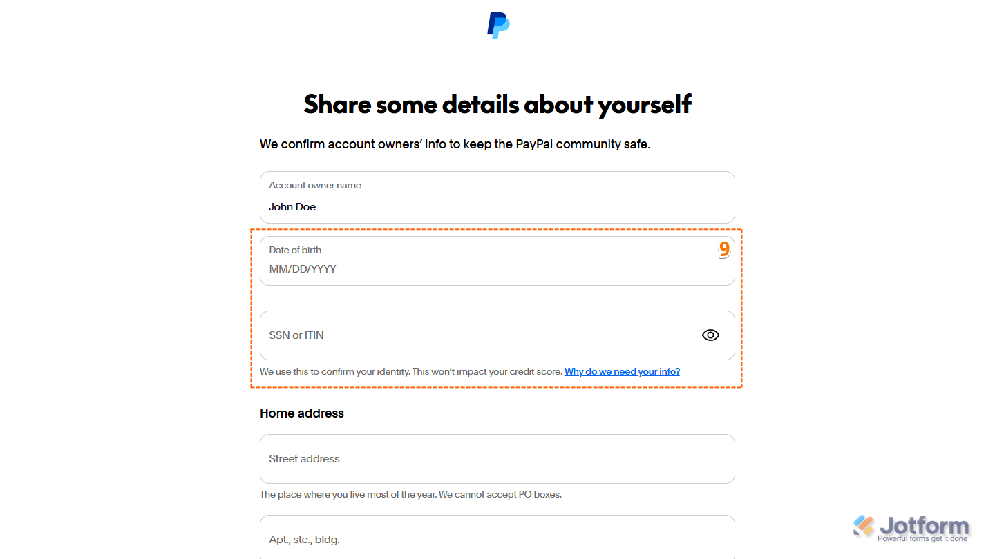 Personal Details in PayPal's signup flow