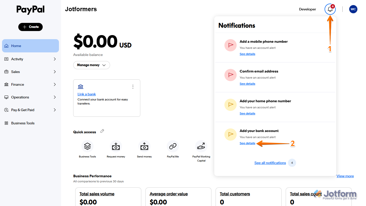 Notifications in PayPal Business account dashboard