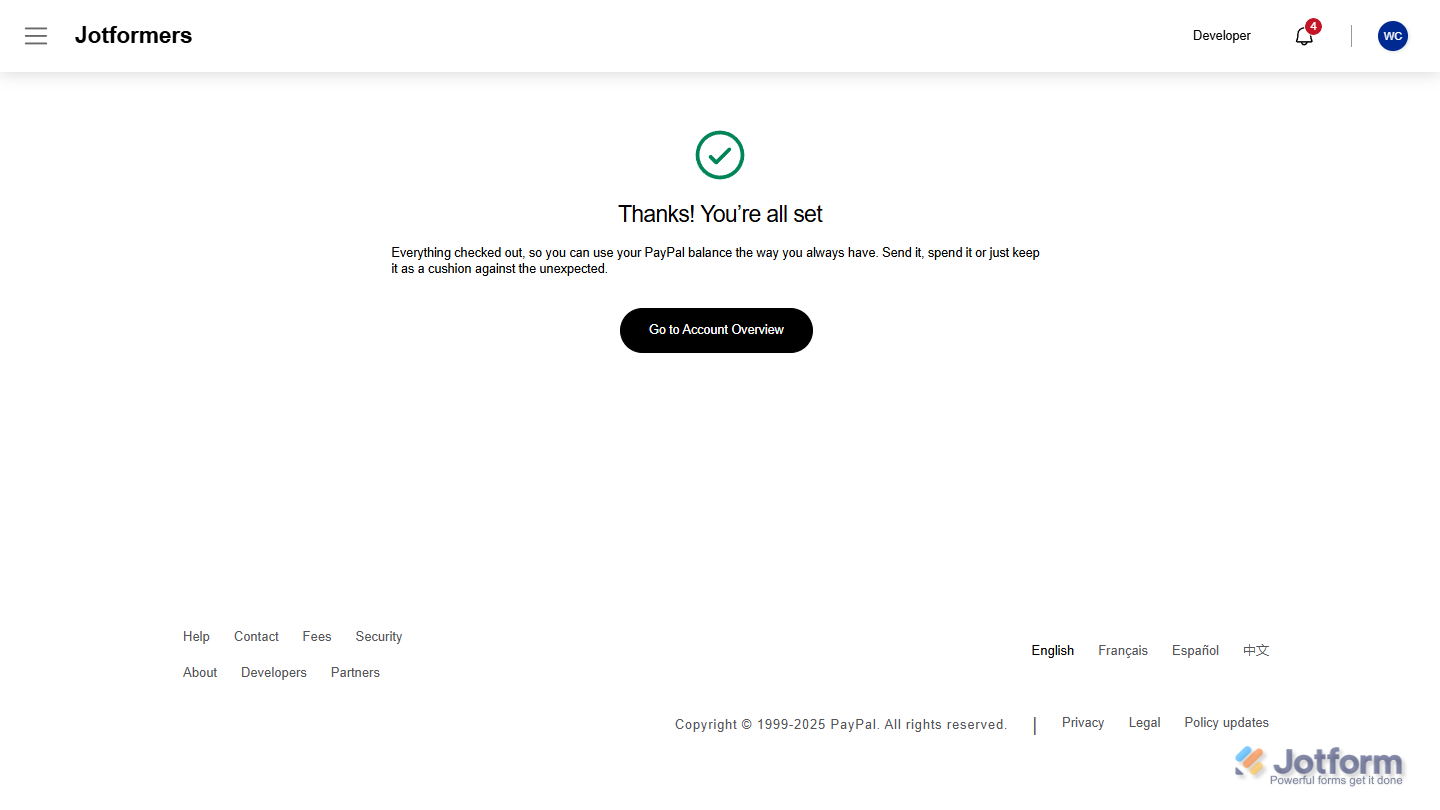 Confirmation screen of a PayPal Business account for completing the Customer Identification Process (CIP)