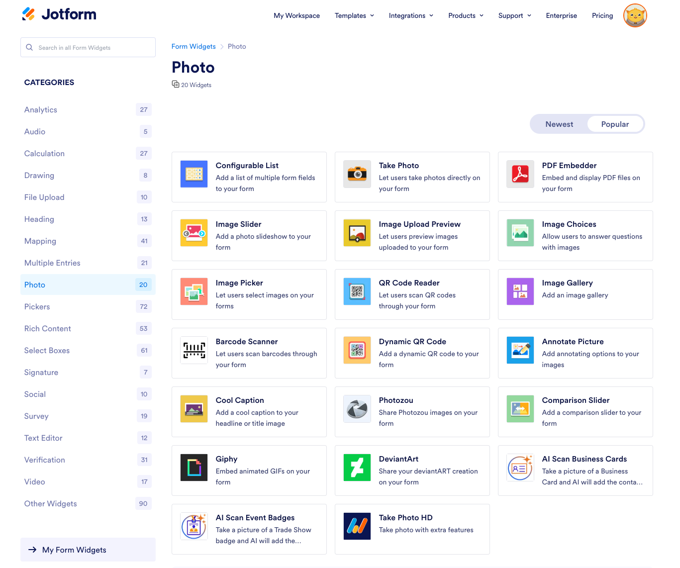 Jotform photo widgets gallery displaying multiple image-related widgets for forms