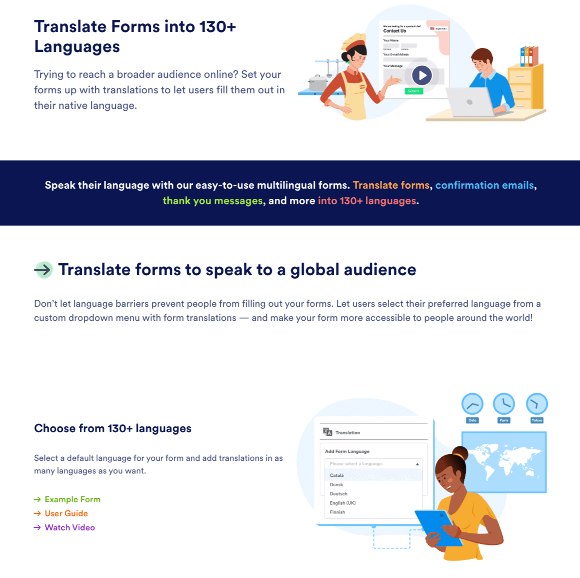 A Jotform website section promoting multilingual form translation highlighting support for 130+ languages with illustrations of people using devices