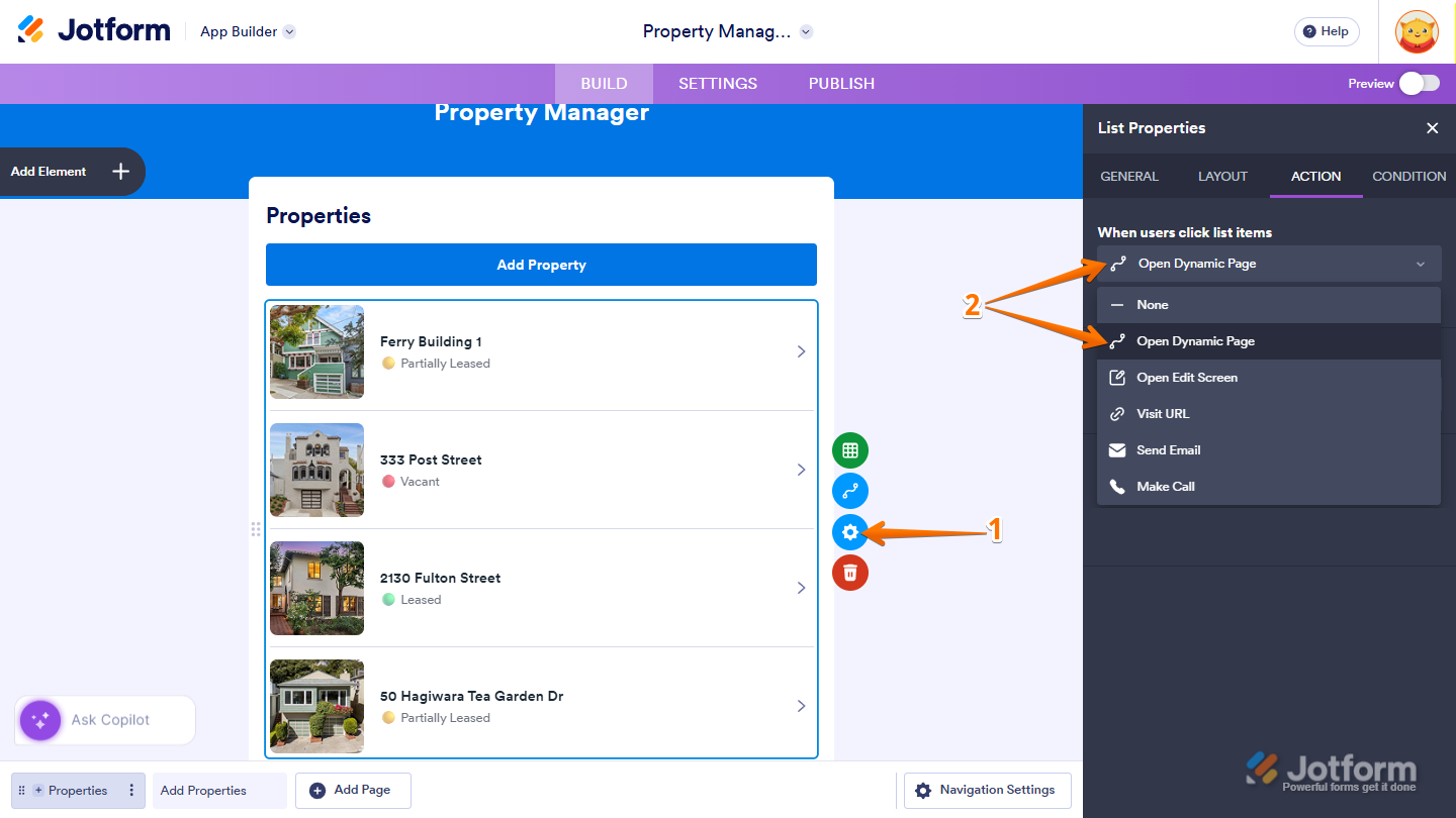 App Builder list element settings showing Action tab with Open Dynamic Page option for list item interaction in Jotform