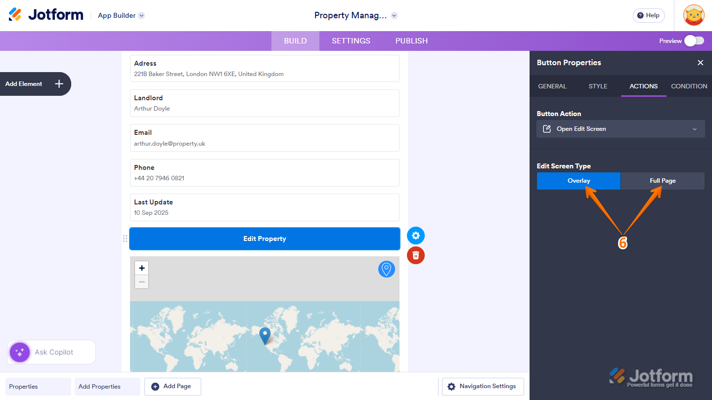 Edit Screen Type settings showing Overlay and Full Page display options in Jotform