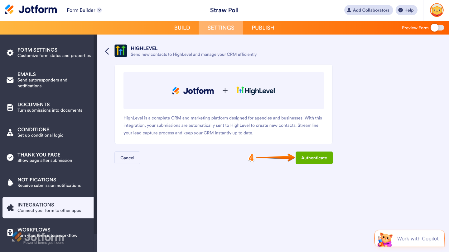 GoHighLevel integration screen showing the Authenticate button used to log in and connect the account